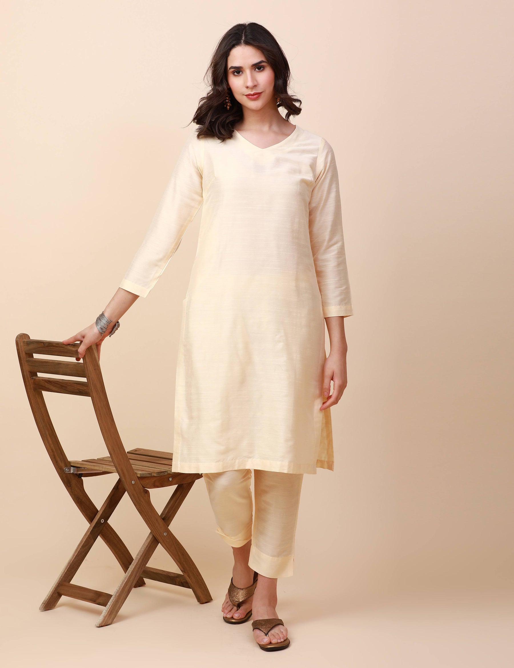 Buy Cottinfab Beige Woven Pattern Kurti Pant Set for Women Online @ Tata  CLiQ